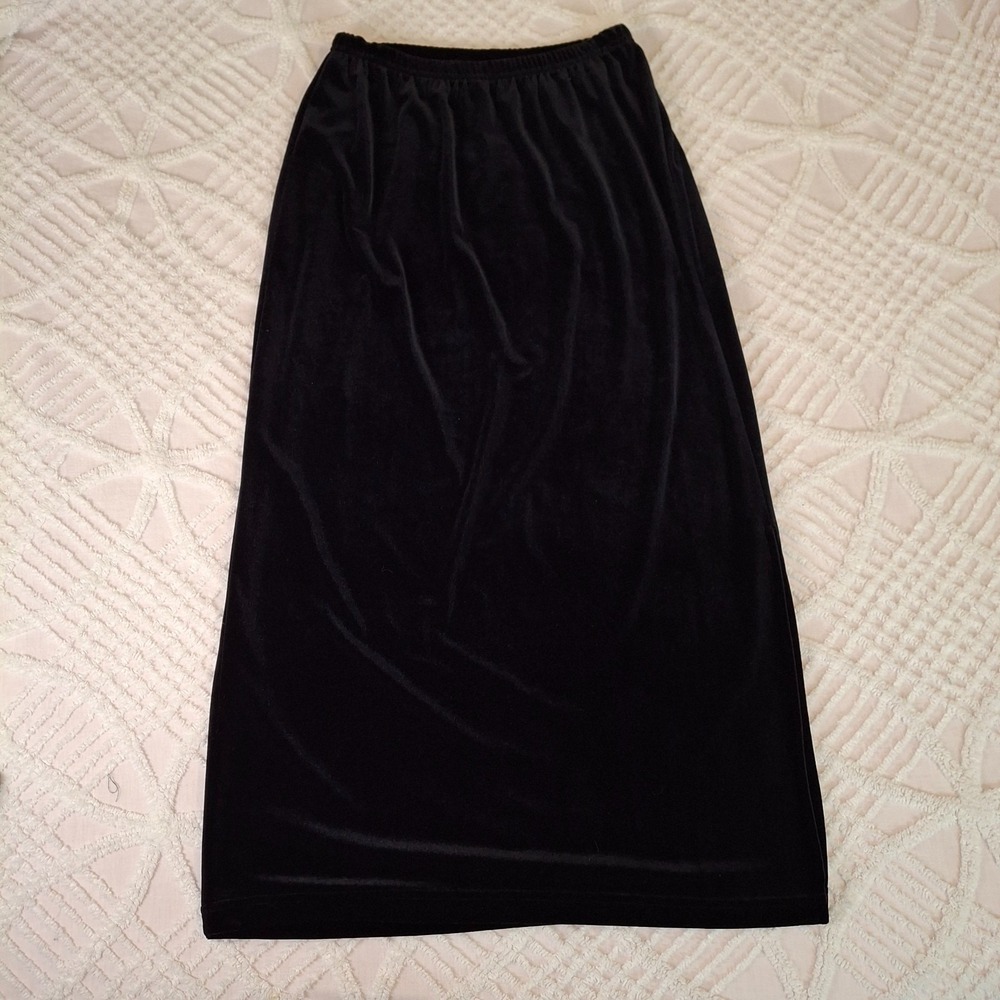 Clio Womens Medium Maxi Skirt Black Velvet Elastic Waist Side Slit Vintage‎ USA